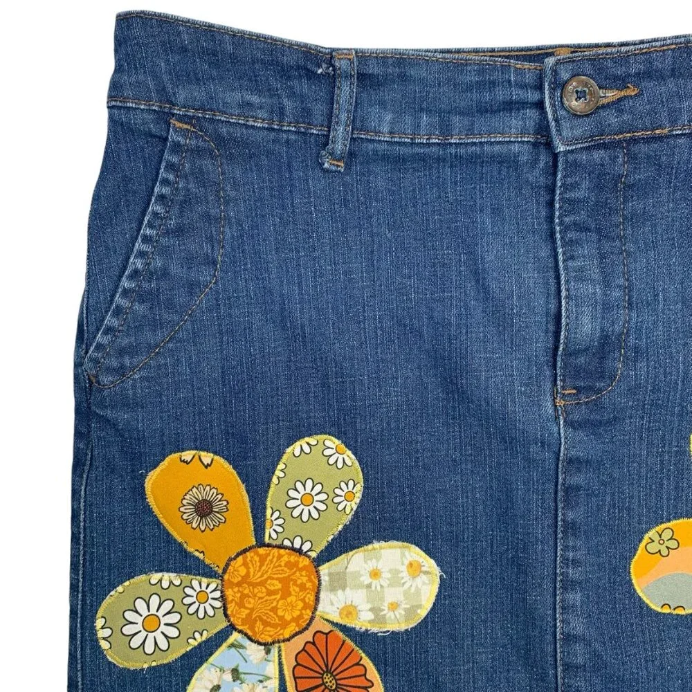 Sonoma Denim Pencil Jean Skirt Flower Applique Boho Crochet Trim Womens 8